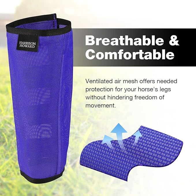 Harrison Howard Loose Fitting Fly Boots UV-Protective Extra Tough Mesh Ventilated Four Fasteners Stay-on Design Protect Horse Legs & Stomp-Reducing Set of 4 Deep Navy Medium