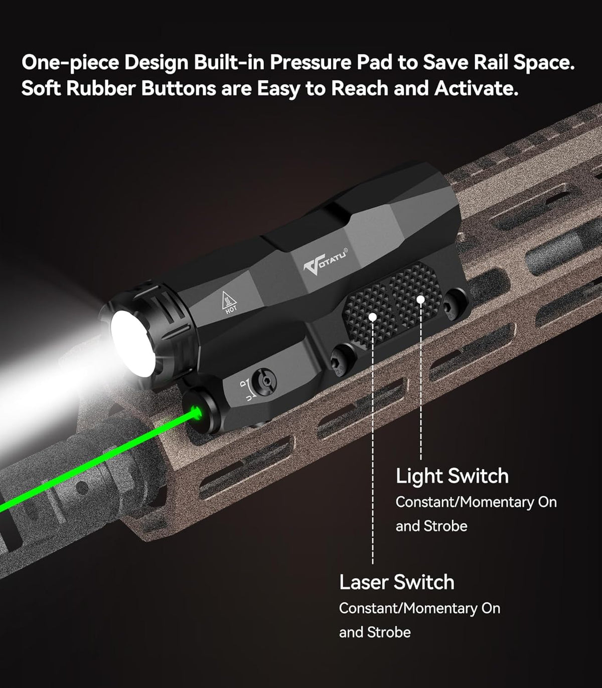 VOTATU M6L-G Flashlight Laser Combo - 2400 Lumens LED Light with Green Laser & Tactical Strobe | USB Rechargeable