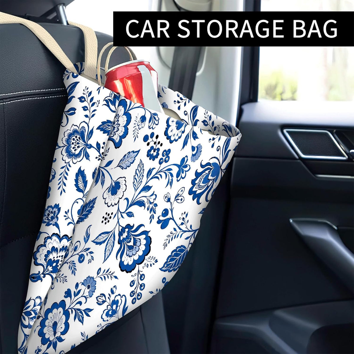 Car Trash Can, Cute Car Trash Bag, Hanging Car Organizer and Storage Bag, Trash Bin for Car Accessories, Vehicle, Travelling, Camping Cute Blue Floral