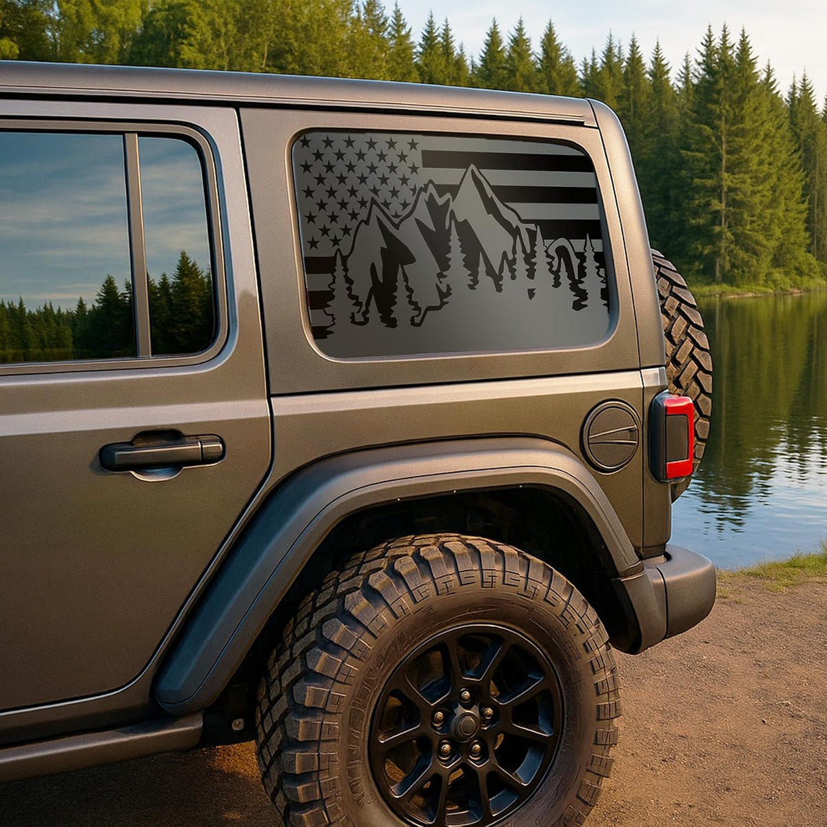 for Jeep Wrangler JL & JLU 2018-2024 Mountain American Flag Rear Window Decals, Matte Black USA Flag Vinyl Stickers 2PCS, Patriotic SUV Truck Window Graphics Exterior Accessories