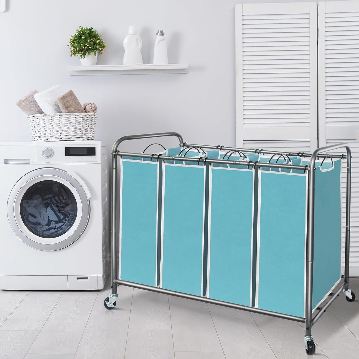 Storage Maniac Laundry Sorter - 4-Section Hamper with Wheels & Removable Bags - 47.8 Gal, Blue