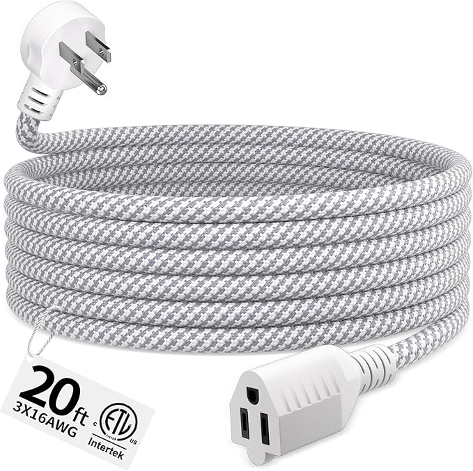 16 Gauge Braided Extension Cord 20 FT, 16/3 Flat Plug Power Cord Indoor, 3 Prong White Extension Cable Flexible for Home Dorm Room Essentials, 13A 125V 1625W, ETL Listed