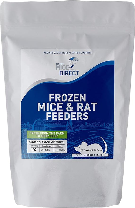 MiceDirect EST. 2003 40 Frozen Rat Combo Pack 20 Rat Fuzzies and 20 Pup Feeders Snake Food for Baby Ball Pythons and Boas (2-3.5 in)(580 Grams Min)