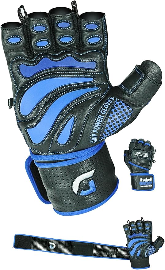 Elite Leather Gym Gloves with Built in 2" Wide Wrist Wraps Grip & Design for Weightlifting Power Lifting Bodybuilding & Strength Training Workout Exercises