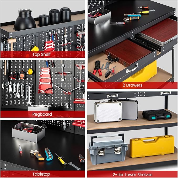 Goplus Work Bench with Storage, 48" x 24" Work Table with Pegboard, 2 Drawers, Hanging Accessories, Topping Space, 4-Tier Heavy Duty Metal Tool Storage Bench, Workbench for Garage, Workshop