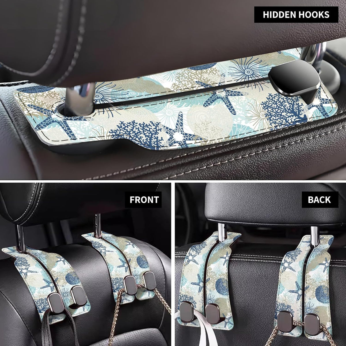 Car Seat Back Storage Headrest Hook, Premium Leather Double Metal Hook, Hanger Storage Organizer for Purse Cloth Bag, Car Interior Accessories Funny Colorful Seastar