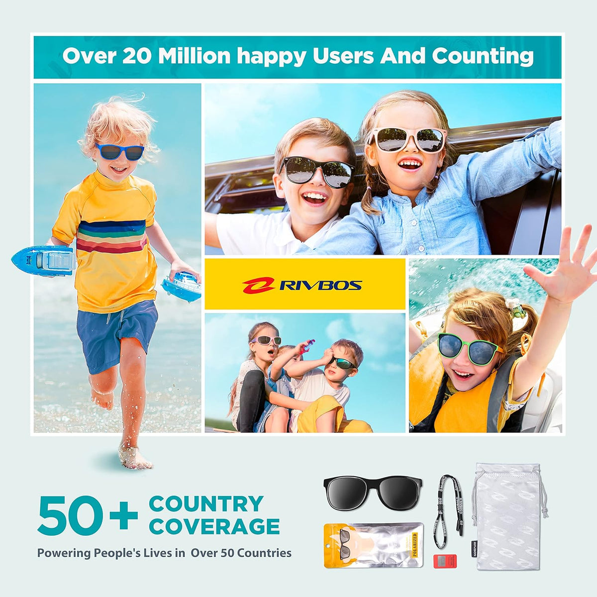 RIVBOS Kids Sunglasses - Polarized UV Protection with Flexible Rubber Strap | Stylish Shades for Boys & Girls