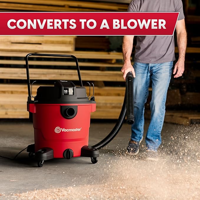 Vacmaster 16-Gallon 6.5 Peak HP† Wet/Dry Vacuum – VJH1612PF 1101, Red