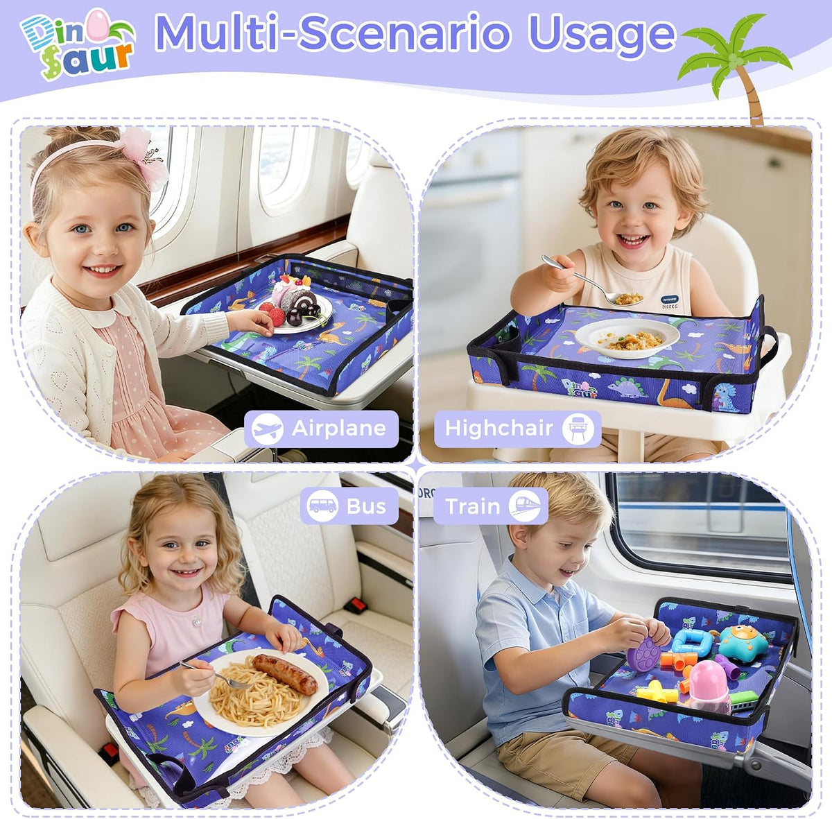COOLBEBE Airplane Tray Table Cover, Foldable Travel Tray Cover for Toddlers 1-3, Universal Fit for Airplane, Car Seat, High Chair, Machine Washable, Portable, Blue Dinosaur