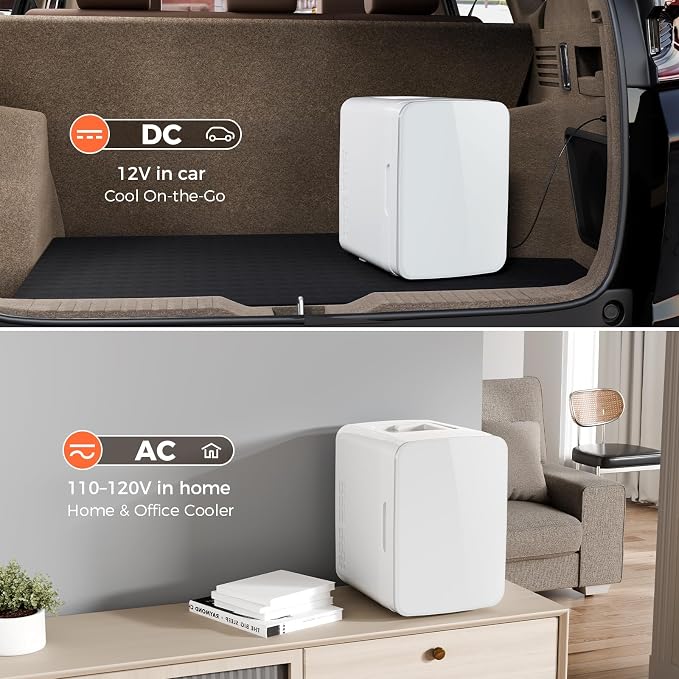 OSTBA 10L Mini Fridge, 10 Liter/15 Cans Mini Fridge for Bedroom, 110V AC/ 12V DC Thermoelectric Cooler and Warmer, Portable Mini Fridge for Skincare, Makeup, Drink, Car, Office, Bedroom, Dorm, White