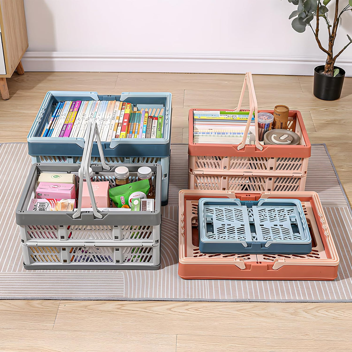 2-Pack Foldable Storage Baskets, 20L Collapsible Crates PP Grey+Pink