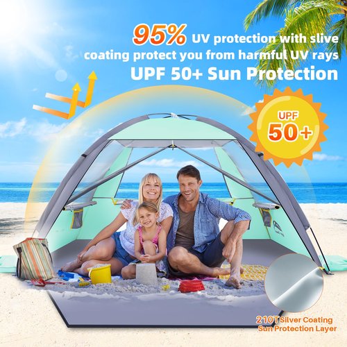 Happy Travel Beach Tent, UPF 50+ UV Protection Sun Shade Shelter for 3/4/5/6/7/8 Person, Portable Beach Canopy for Family & Baby, Lightweight & Easy Setup Beach Cabana with 3 Ventilation Mesh Windows