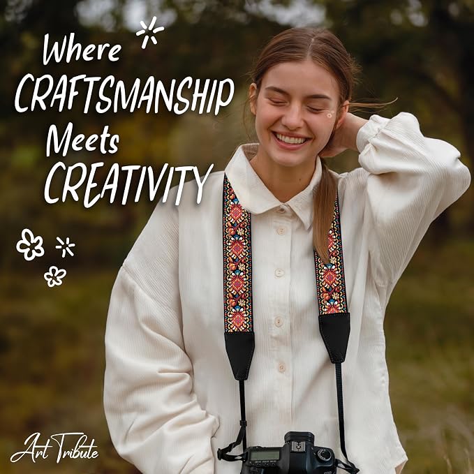 Art Tribute Camera Strap, Vintage Embroidered Neck Shoulder & Crossbody Camera