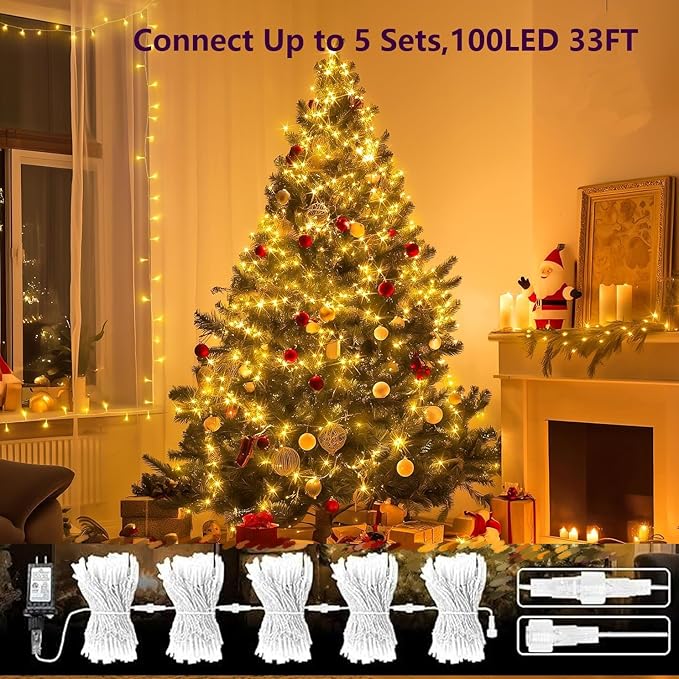 Warm White Led Connectable String Lights, 8 Modes Christmas String Light Plug in Classroom Lights, 33ft 100 LED Fairy Twinkle Light Outdoor for Christmas Tree Decor