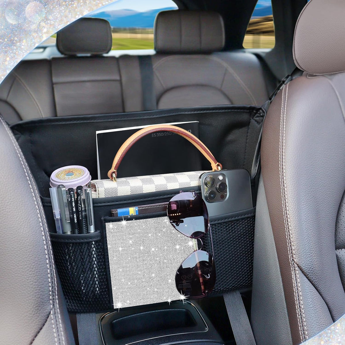 White Diamand Car Handbag Holder Between Seats Bling Crystal Car Storage Bag Large Capacity Purse Phone Ipad Automotive Consoles Organizer Safe Barrier of Backseat Pet Kids