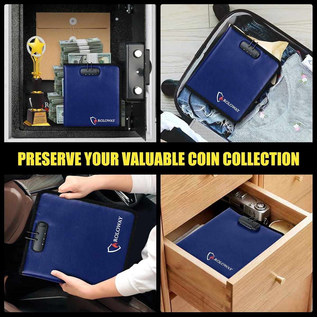 ROLOWAY Coin Collection Book 6400℉ Heat Insulated, 346 Pockets Fireproof Coin Book Holder and 36 Paper Currency Album with Aluminum Foil Layer, Money Saving Coin Collector Book with Lock (Blue)