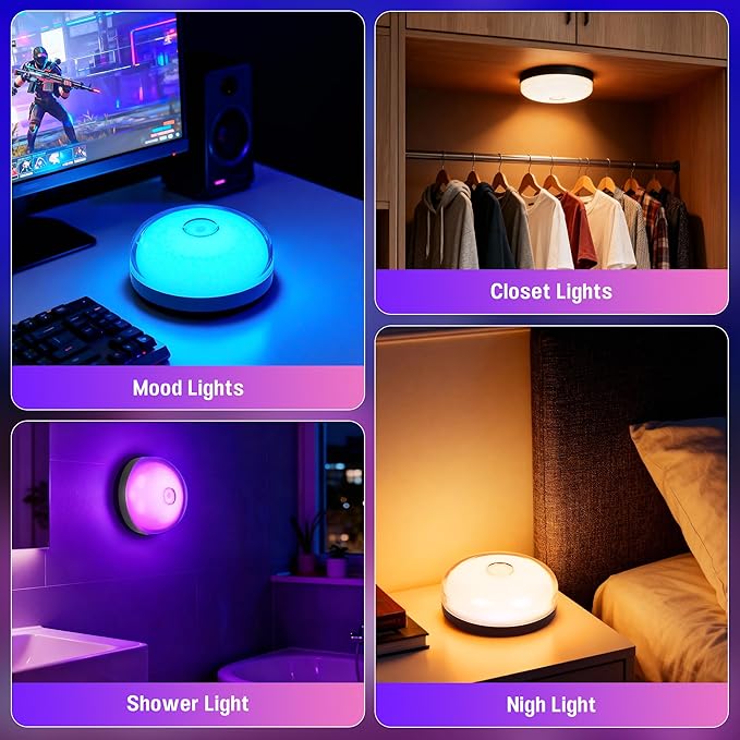 Loscarol Rechargeable Shower Lights with Remote, 15 RGBW Color Changeable Shower Lamp Waterproof, Dimmable ＆Timer Ceiling Light, Wireless LED Mood Lighting for Bathroom, Closet (Black, 4-Pack)