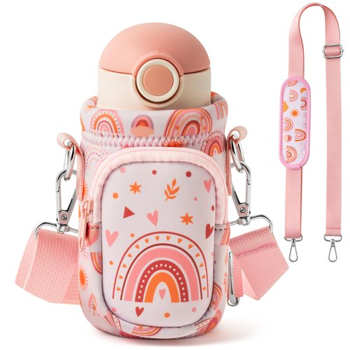 2ooya Water Bottle Carrier for Kids Boho Rainbow Water Bottle Holder with Strap Cute Cartoon Sling Bag with Padded Strap Pocket 10/12/14/16/18Oz for Girls School Walking Hiking Camping Trip