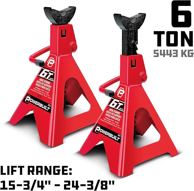 Powerbuilt 6 Ton Ratchet Jack Stands, Wide Stance Stability, Vehicle Car Lifting Range 15-1/2 Inches to 23-1/2 Inches - Red 647511