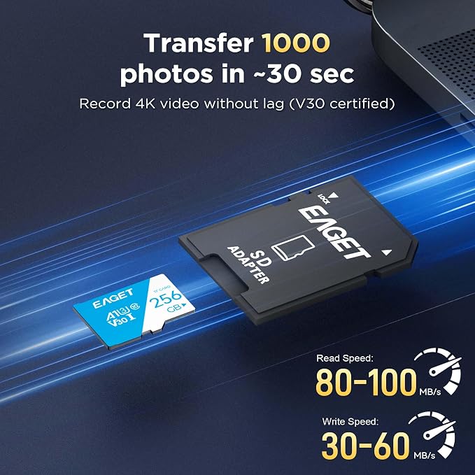EAGET 1-Pack 256GB TF Memory Card Up to 100MB/s Read 70MB/s Write