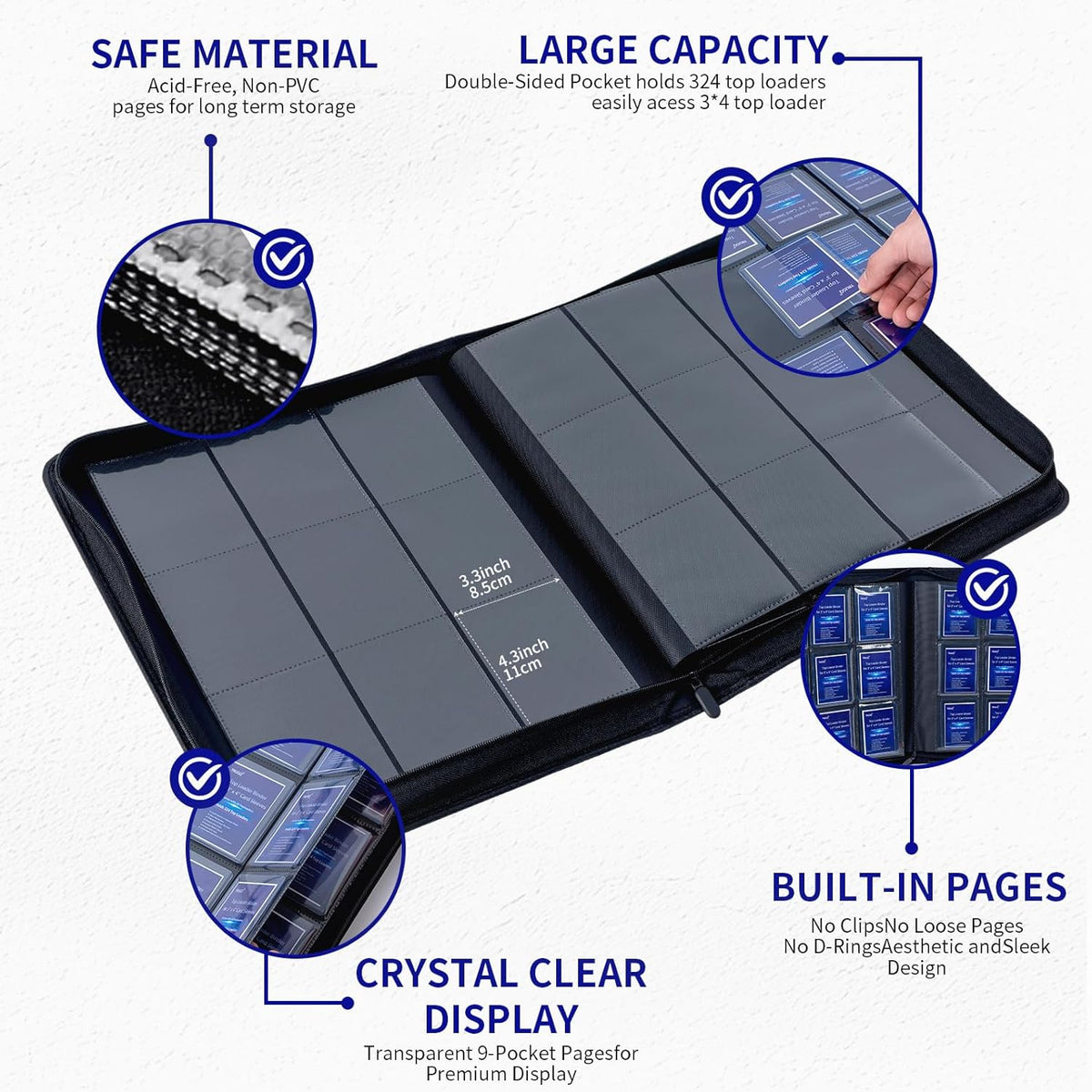 Toploader Binder - Holds 324 Toploaders | Waterproof PU Leather & Anti-Yellowing Inserts | Portable Card Organizer for Sports & Game Cards