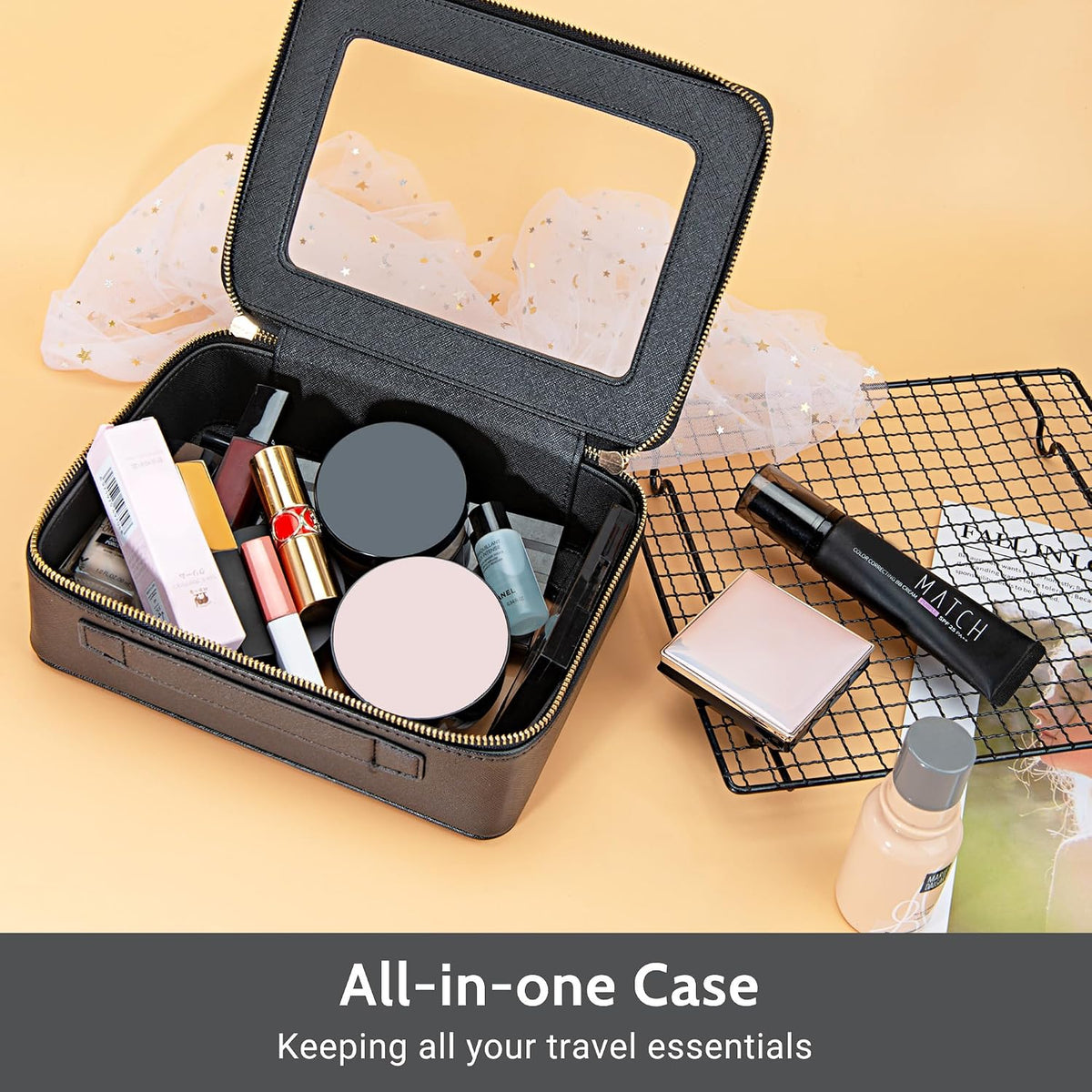 Aveniee Clear Makeup Bag Set (2-Piece Mini & Midi) - Travel Toiletry Organizer for Women, Waterproof Cosmetic Pouch & Car Accessory for Travel Size Toiletries, Black