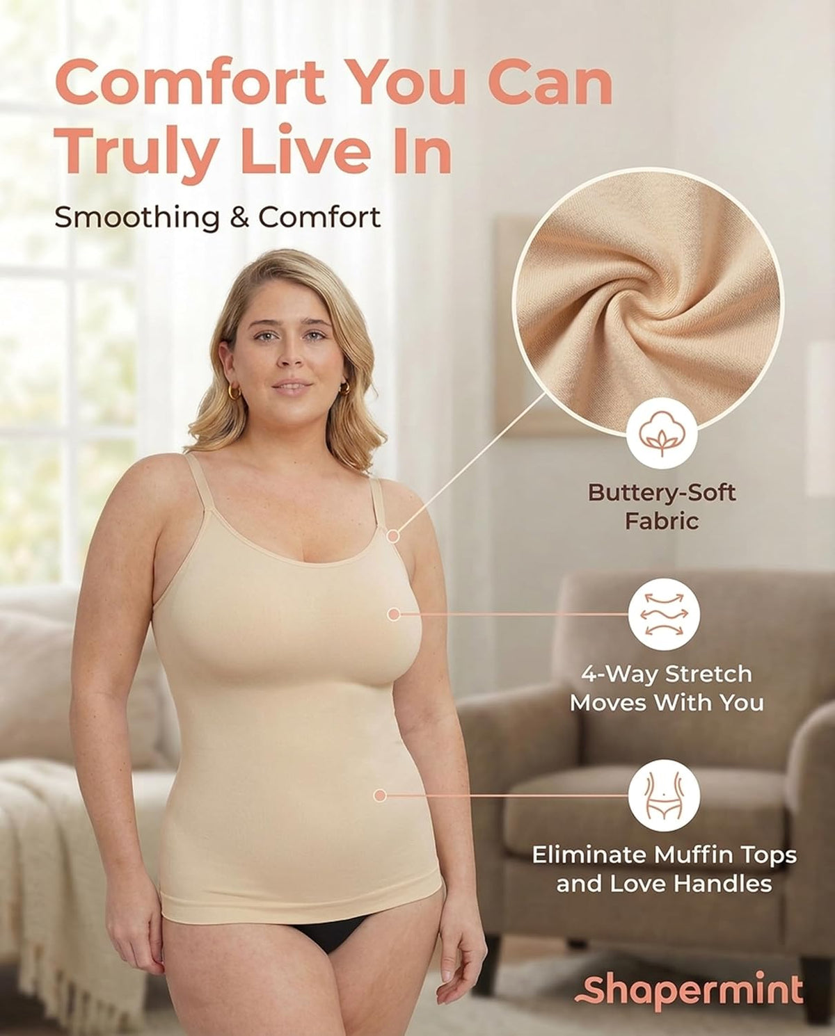 Shapermint Scoop Neck Cami Body Shaper - Women's Tummy Control Shapewear Tank Top