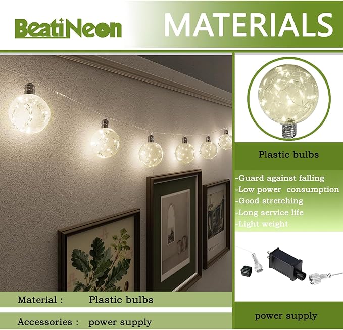 9 Pack Globe String Lights, 10.3FT LED String Lights Indoor, G100 Waterproof Decorative Christmas Lights Ball Bulbs, Built-in 15 LEDs, Warm White Plug-in Fairy Lights for Patio, Bedroom, Halloween
