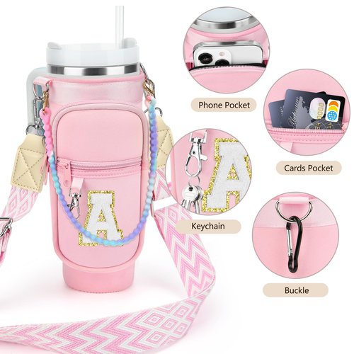 LOKASS Water Bottle Holder for Stanley Cup 40oz, Stanley Cup Accessories A-Z Personalized Water Bottle Carrier Bag with Strap, Personalized Gifts for Women/Girls/Stanley Cup Fans