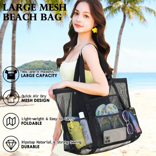 Fammart Mesh Beach Bag - Large Beach Tote with Zipper Pocket for Family Travel & Vacation Essentials