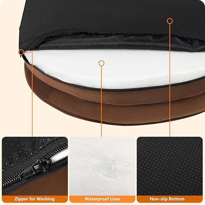 Dwanton Orthopedic Dog Bed for Extra Extra Large Dogs with Gel Memory Foam, Waterproof Dog Sofa, Washable Pet Bed with Four Sided Bolster Cushion, Removable Cover & Non-Slip Bottom, 48", Brown