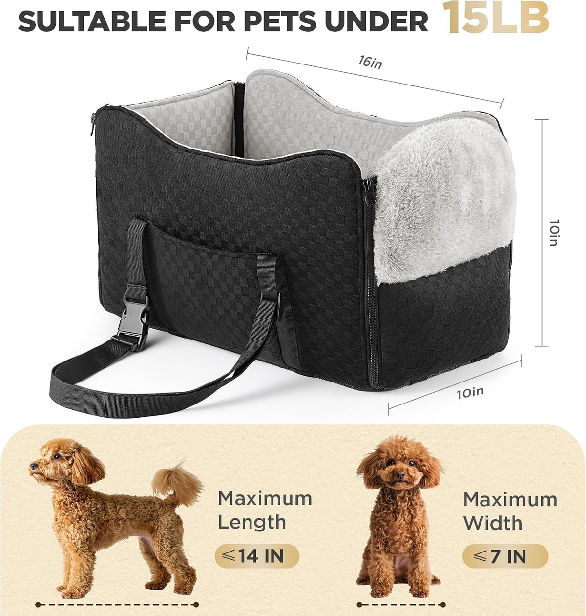 BONTHEE Center Console Dog Car Seat for Small Dogs- Anti-Collapse Design with Soft Plush & Sturdy Support Board, Adjustable Safety Leash for Small Dogs & Cats up to 15 lbs
