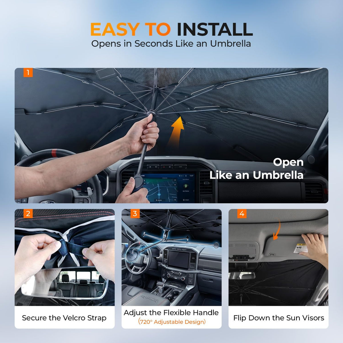 [2026 Upgraded] DooGooCoo Windshield Sun Shade Umbrella for Ford F150 F250 F350 F450 [100% Sunlight Blocked, Cooling Ice Crystal] Sunshade for Car Windshield for f150 Sun Shade 2015-2026.