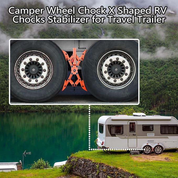 Camper X-Shaped Wheel Chock Stabilizer, 2 Sets RV Stabilizer Wheel Chock Scissor, X Chocks Wheel Stabilizer for Travel Trailer Tires Allow Drill Adjust with Hex Socket, Tool Kit and Password Locks-Red
