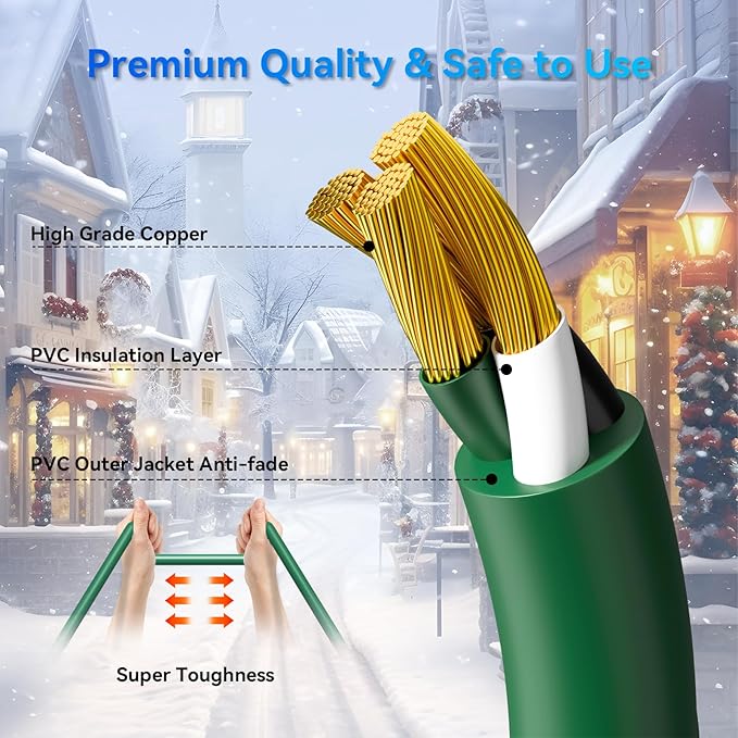 K KASONIC - 40FT Outdoor Extension Cord 1 to 3 Splitter, 3 Prong Outlets Plugs with Safety Covers, Weatherproof Extension Cord for Christmas Decorations, 16/3 SJTW, ETL Listed, Green