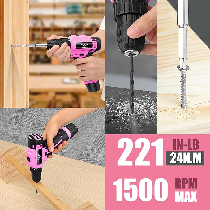 JENABOM Pink Tool Set - 12V Cordless Drill Kit, 151 Piece Home Tool Set With Power Drill, Tool Kits for Men & Women, Perfect for Homeowner, Diyer, Handyman