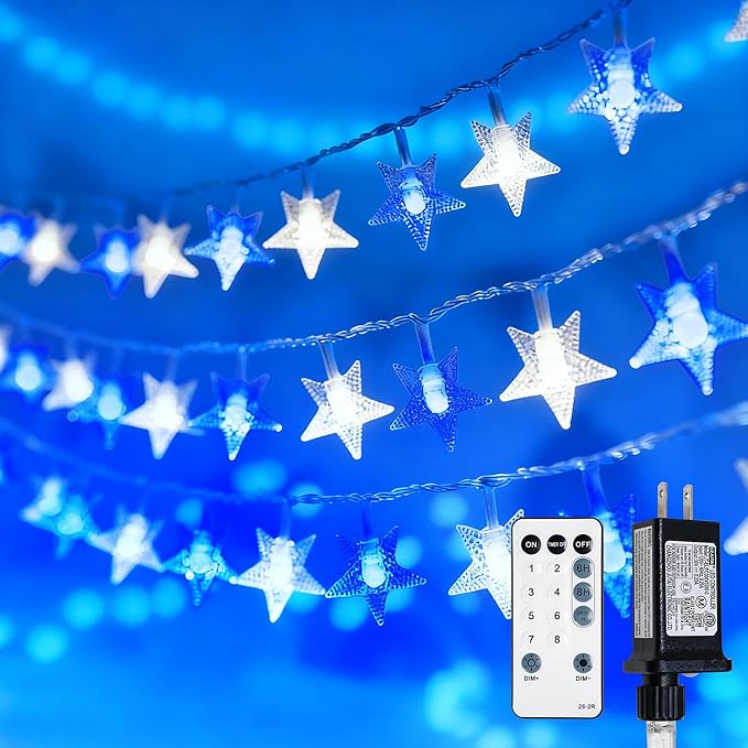 Star String Lights Plug in,33ft 100LED Fairy Lights with Remote, Hanging Star Decorations Lights Waterproof for Indoor Outdoor Bedroom Classroom Dorm Kids Tent Party Decor,Blue White