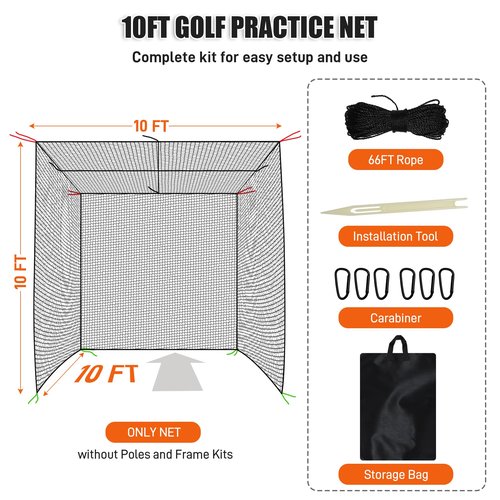 Golf Batting Cage Net Golf Baseball Caging Netting 10 x 10 x 10FT with Top Ropes for Backyard, Easy to Insatall Baseball Softball Hitting Barrier Practice Nets with Carry Bag for Indoor Outdoor