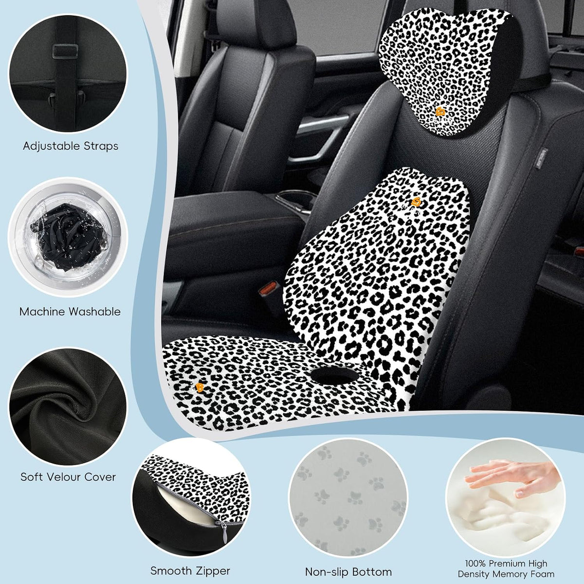NS YOLO Ergonomic Car Seat Cushion with Comfort Memory Foam Neck Pillow, Car Pillow,Lumbar Support and Big Size Soft Seat Cushion for Driving Seat,Office Chair and Wheel Chair (Leopard Print-3 pcs)