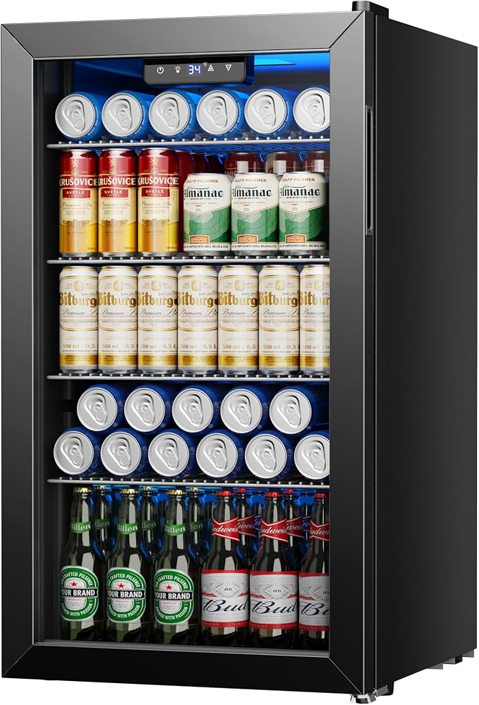 Beverage Refrigerator and Cooler, 126 Can Mini fridge with Glass Door, Beverage Cooler with Digital Temperature Display & Adjustable Shelves for Soda Beer or Wine, NEW Black, 3.2Cu.ft