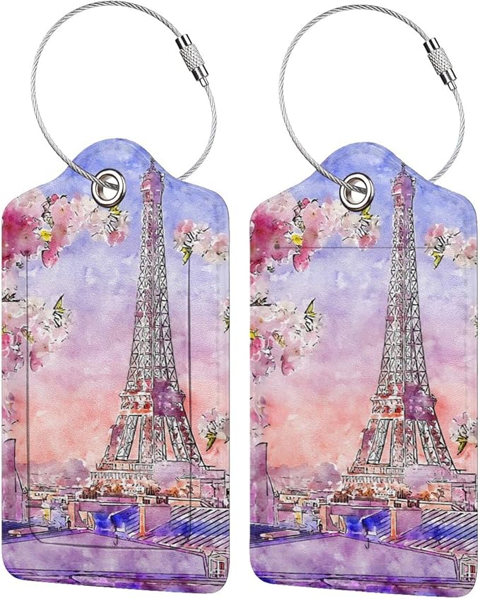 2PC Eiffel Tower Luggage Tags for Travel, Paris Spring Romantic Cherry Blossoms Suitcase Tag Privacy Name ID Card Quick to Find Out Travel Bag Labels for Couple Honeymoon Wedding