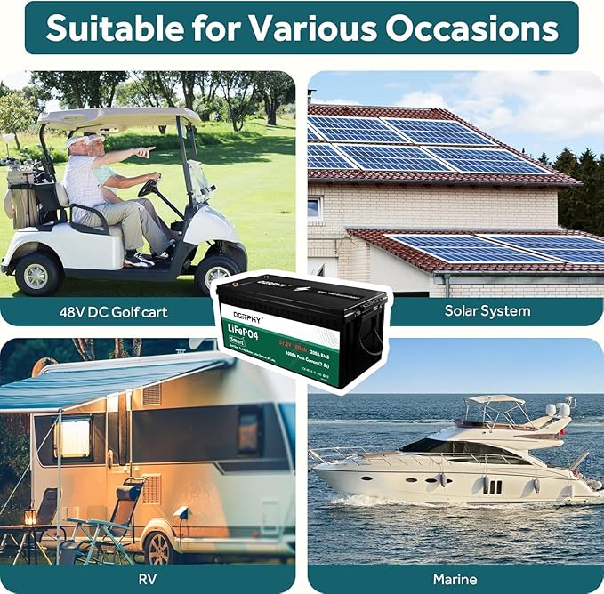 48 Volt Lithium Battery for Golf Cart with 18A Charger, 48V Lithium Battery with 200A BMS, LCD & Mobile Monitor, 5.12kWh with 10.24kW Output, 1000A Peak Current for Golf Cart(100AH)