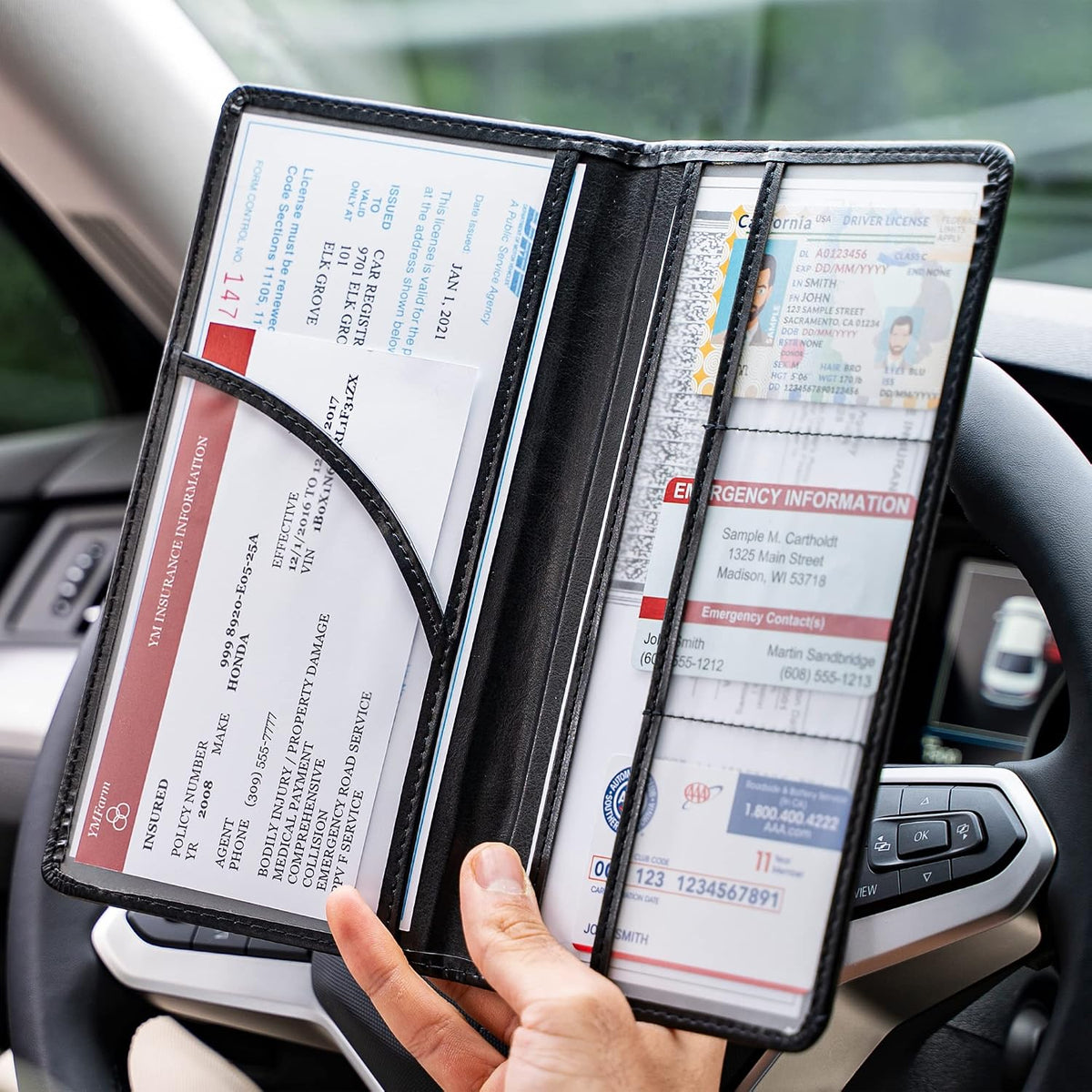 CANOPUS Car Registration and Insurance Holder, PU Leather Card Holder, Vehicle Glove Box Organizer for Auto, SUV, Truck, Black