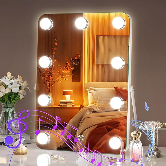 Hasipu LED Makeup Mirror with Bluetooth Speaker, 10.6" x 14" Hollywood Vanity Mirror with Lights, Rounded Rectangle White Frame, 3 Modes Light, Smart Touch Control Dimmable, 360°Rotation