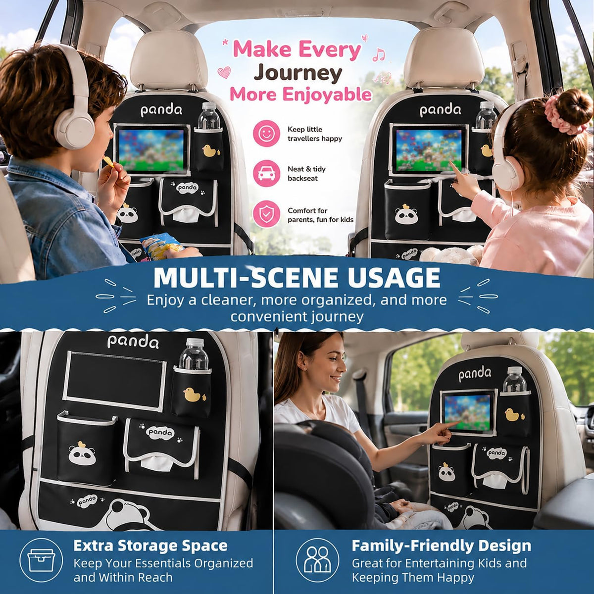 YUNZLAN Cute Panda Leather Car Backseat Organizer 1 Pack Car Seat Back Protectors with Clear 10" Tablet Holder + 4 Storage Pockets