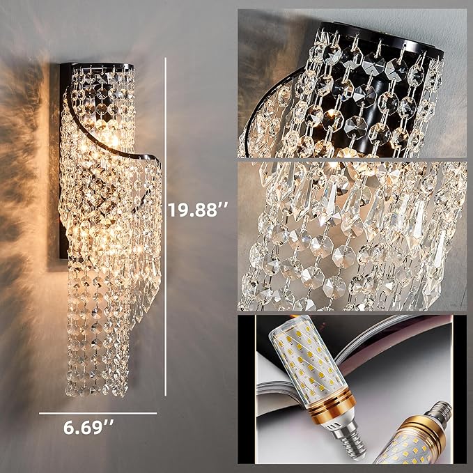 K9 Crystal Wall Sconces, Adjustable 3-Color LED Wall Light with Titanium Black Metal Frame, Modern Living Room/Bathroom/Bedroom Lighting Fixture (Easy Install)