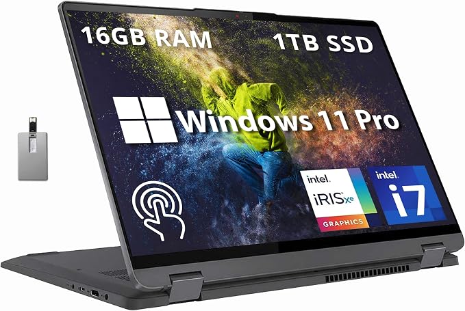 Lenovo IdeaPad Flex 5 16"" 2-in-1 2.5K IPS Touchscreen Laptop, Intel Core i7-1255U, 16GB RAM, 1TB SSD, Backlit Keyboard, Fingerprint Reader, Win 11 Pro, Storm Grey, 32GB Hotface USB Card, Gray