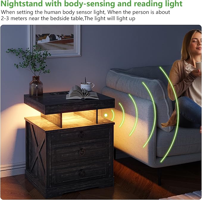 HNEBC Nightstand with Gun Drawers, LED Farmhouse Night Stand with Charging Station, Smart End Table with 3 Color Auto Light, Bedside tabel with Hidden Compartment for Bedroom Furniture-Brown