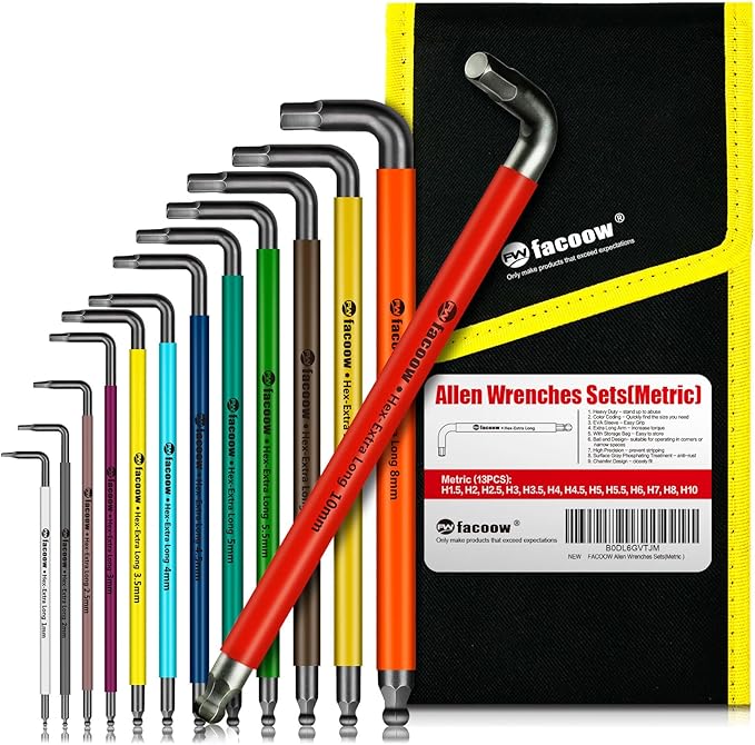 Allen Wrenches Sets, 13pcs Full Size Metric Hex Key Set with Tool Organizer Bag, Heavy Duty Extra Long Arm Ball End, Color Coded Premium