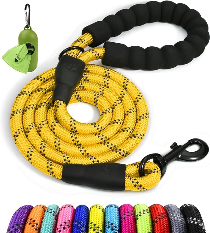 Taglory Rope Dog Leash 5 FT with Comfortable Padded Handle, Highly Reflective Threads Leash and Anti-Tangle Clip for Walking Small Dogs, 3/8 inch, Yellow